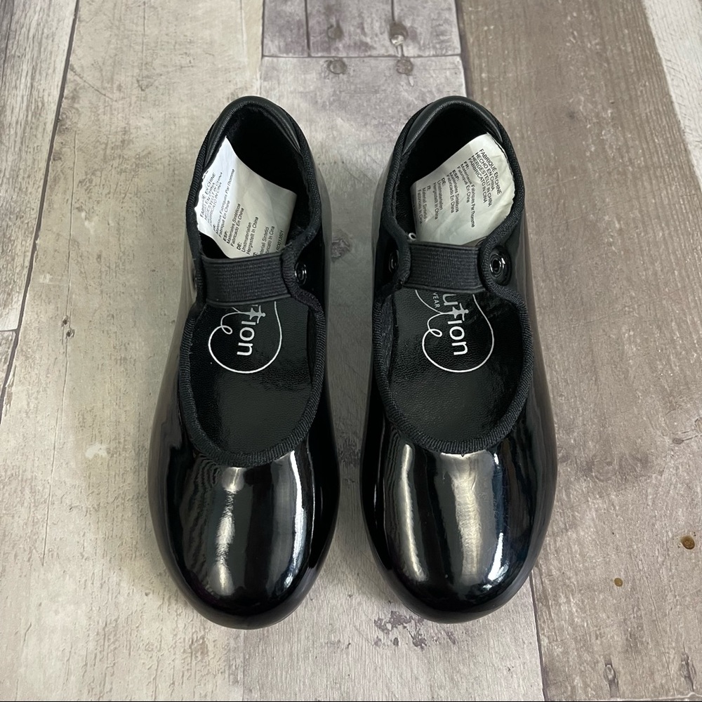 Girls Black Patent Leather Elastic Strap Dance Tap Shoes